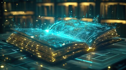 an open book with holographic digital code floating above it