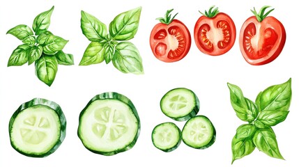 Vegetables and farm produce. Collection set watercolor fresh farm vegetables. Fresh herbs and vegetables illustration.
