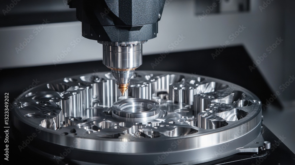 Poster a robotic cnc machining center producing intricate metal parts with high-speed automation