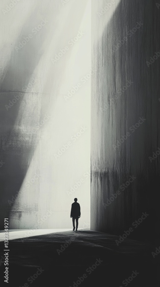 Poster a person standing in a dimly lit room with sunlight streaming in from outside