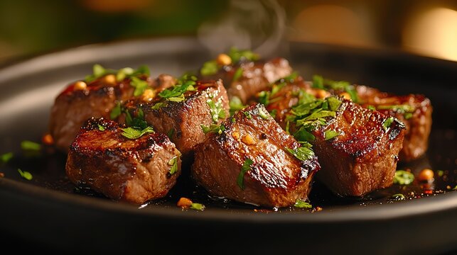 close  up diced beef steak serve on black dish 