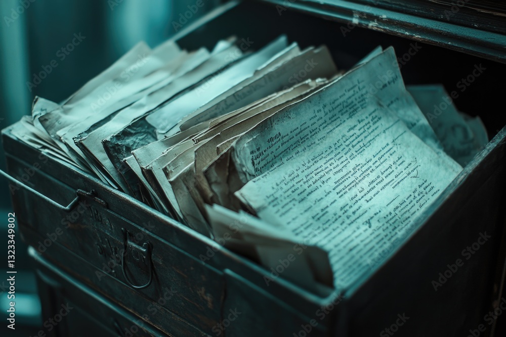 Aufkleber A stack of vintage documents and books sits on a wooden table, perfect for adding context to your story or creating a nostalgic atmosphere