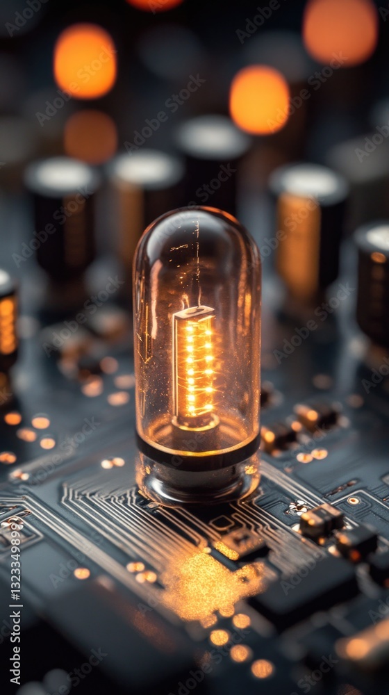 Aufkleber close-up shot of a light bulb on a circuit board, ideal for electronics and technology-related proje