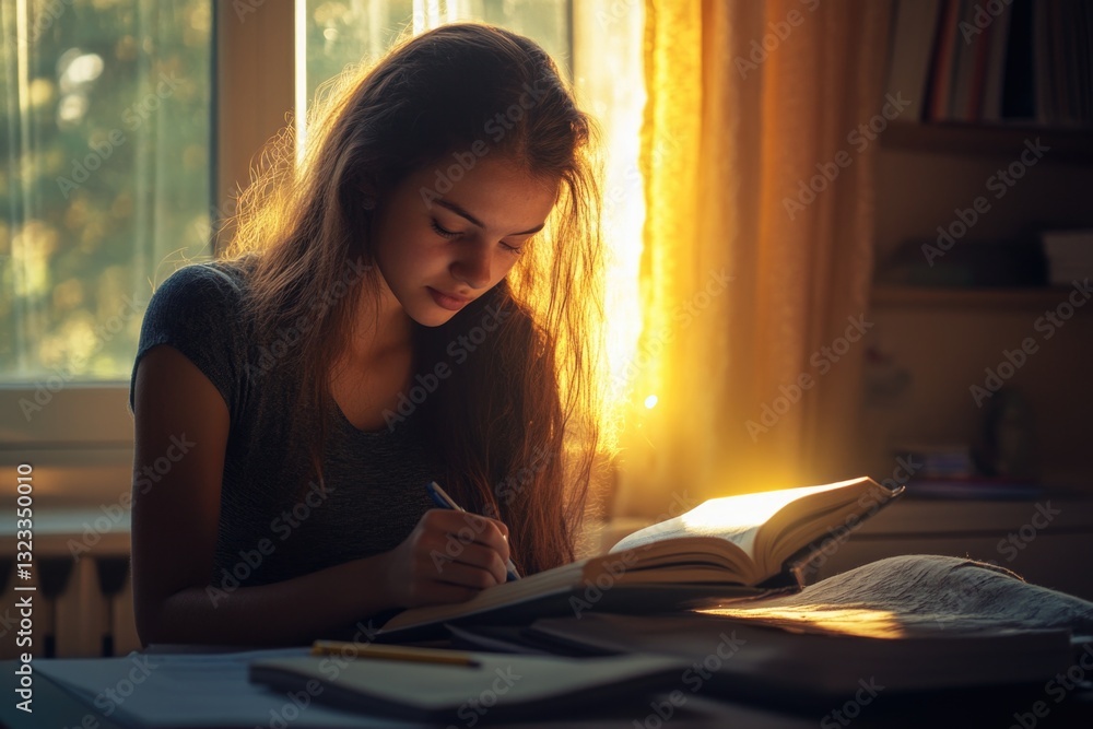 Poster a person sitting at a desk with an open book, writing with pen and paper
