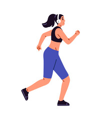 Runner listens to music with headphones during jogging. Jogger with headset training outdoors. Happy girl runs, does sports workout side view. Flat isolated vector illustration on white background