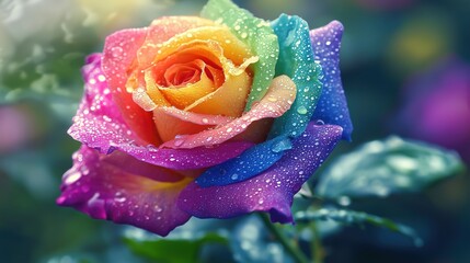 Vibrant Rainbow Rose with Water Droplets Against a Softly Blurred Background
