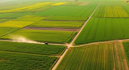 Aerial view of tractor driving through green agricultural fields, showcasing farming and agriculture