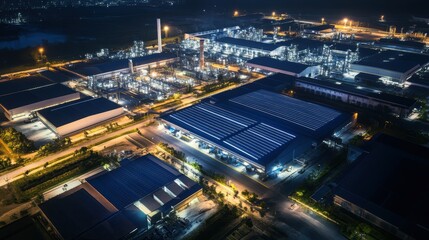 Fototapeta premium Emerging market economic trends Concept. Aerial view of a modern industrial complex at night, showcasing illuminated buildings and solar panels in a vibrant urban setting.