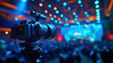 Professional video camera in a vibrant auditorium setting capturing live event