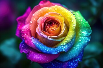 Close-Up of a Vibrant Rainbow Rose with Water Droplets