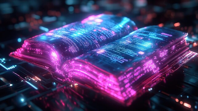 Open book with glowing virtual data streams, representing digital education, technology, and knowledge transfer in a futuristic setting
