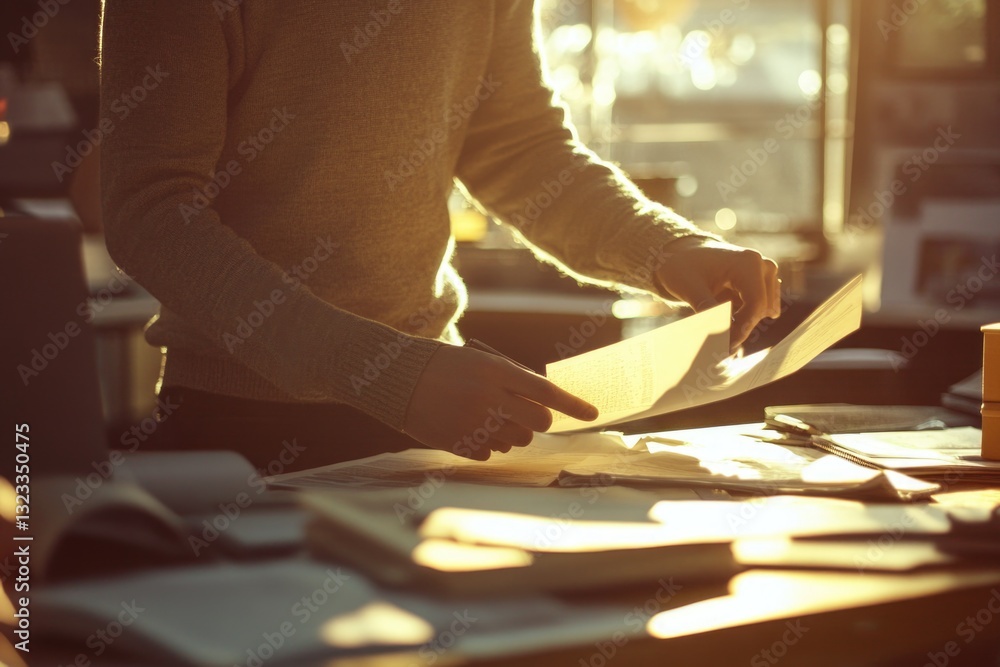 Poster a person holds a piece of paper on a table, ready for note-taking or signing