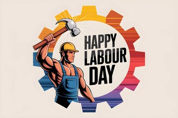Worker Celebrates Happy Labour Day with Gear Graphic 