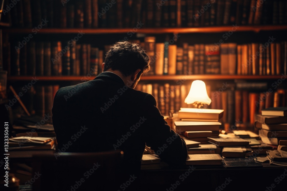 Poster a person sits at a desk illuminated by a lamp, possibly for reading or writing