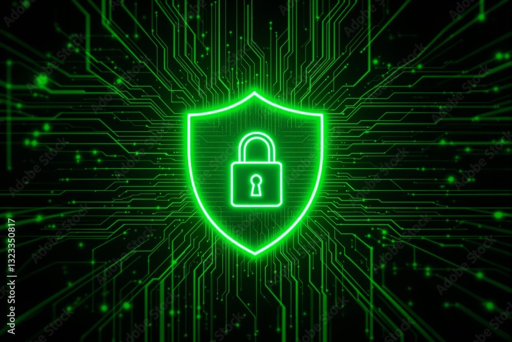 Poster digital shield with a lock icon glowing in green, surrounded by circuit lines on a dark background. 