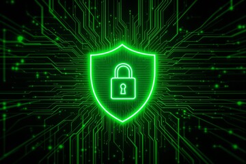 Digital shield with a lock icon glowing in green, surrounded by circuit lines on a dark background. Concept of cybersecurity, data protection, encryption. Ai generative