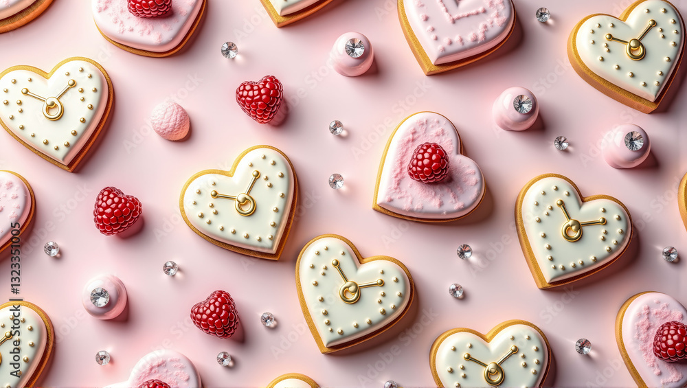 Poster a collection of heart-shaped cookies with raspberries on top and a clock on the bottom. the cookies 
