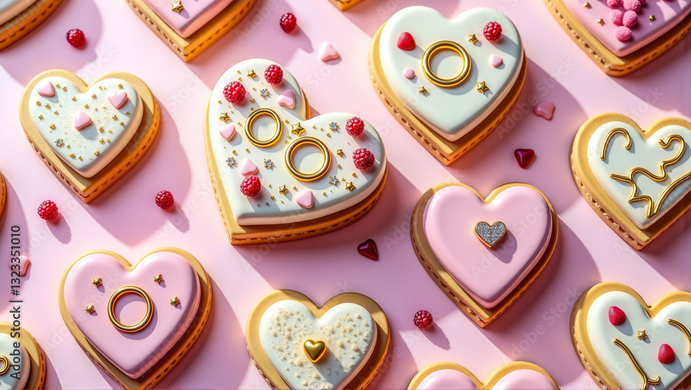 Poster a collection of heart-shaped cookies with raspberries on top and a clock on the bottom. the cookies 