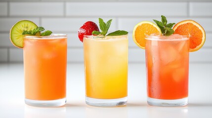 Three colorful, refreshing cocktails served in glasses, garnished with fruits and mint, set against a clean, white backdrop.
