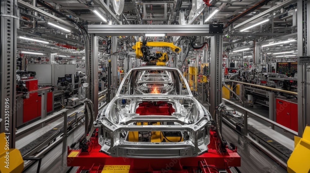 Poster a spacious automotive factory with advanced robotic machines welding car frames in a futuristic envi