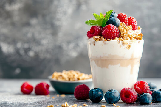  vegan yogurt parfait in a large glass. AI generative.