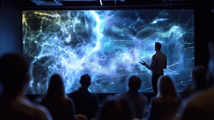A detailed shot of a colleague presenting to a small audience with a large holographic projection of global market trends behind them. The holograms pulsate with realtime updates while