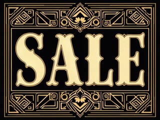 "Art Deco-Inspired Vintage 'SALE' Typography Sign with Geometric Patterns in Gold and Black"