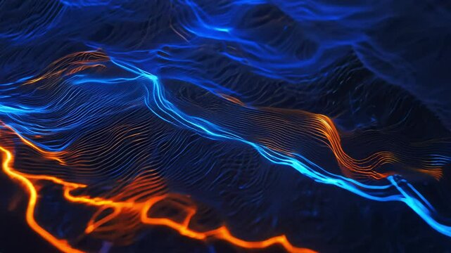 Tracking movement video, color lighting with blue and orange, camera tracks dynamic blue and orange light rays pulsing on a liquid surface, energetic data exchange