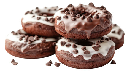 Delightful chocolate donuts piled high with creamy frosting and chocolate chips