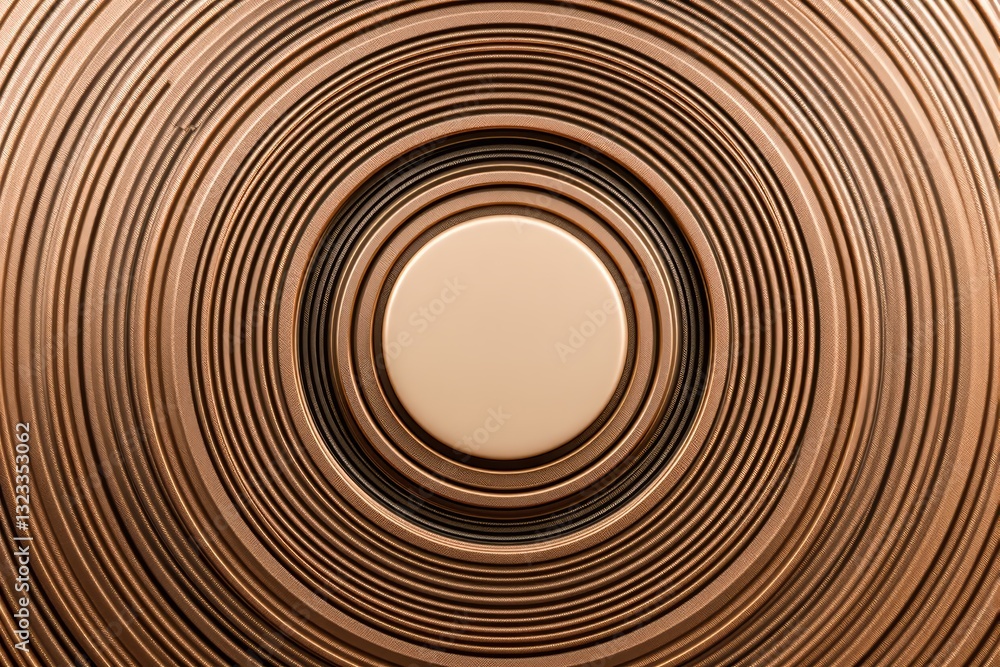 Poster abstract circular pattern with metallic concentric rings in gold tones on a textured background. con