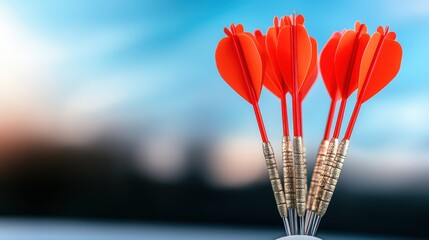 A close-up of red darts arranged together against a blurred outdoor background, emphasizing precision and focus in dart games.