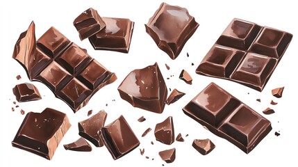 candy and sweets watercolor collection isoleate background Collection set watercolor. Delicious broken chocolate pieces scattered around.