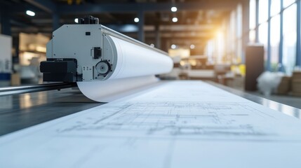 Industrial large-format printer in modern factory with architectural blueprints