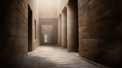 Ancient Egyptian temple corridor with towering stone columns. Historical preservation