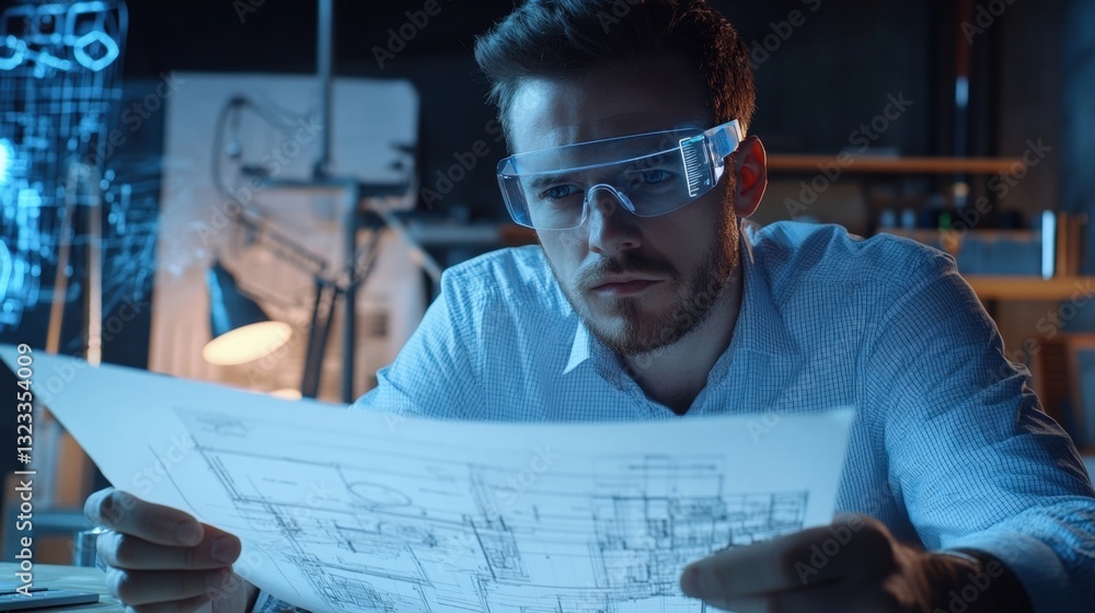 Poster a focused engineer wearing augmented reality glasses studies a holographic blueprint hovering in fro