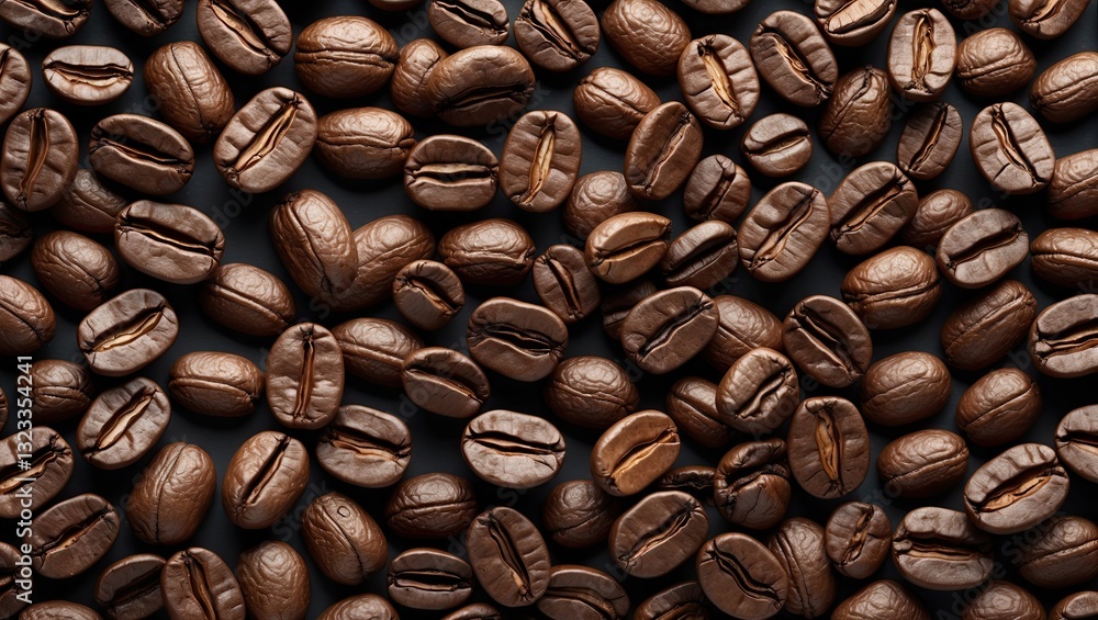 Poster Brown coffee beans scattered densely on a dark surface, creating a textured background with ample white space for text or design elements.