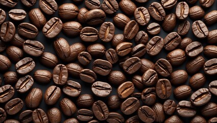Fototapeta premium Brown coffee beans scattered densely on a dark surface, creating a textured background with ample white space for text or design elements.