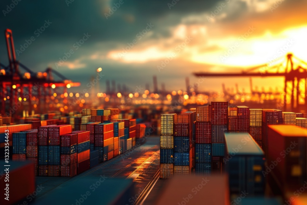 Poster aerial view of a container yard at sunset, with containers stacked and shipping equipment in the bac