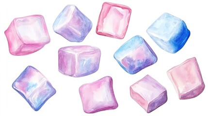 candy and sweets watercolor collection isoleate background Collection set watercolor. Colorful pastel ice cubes on a white background.