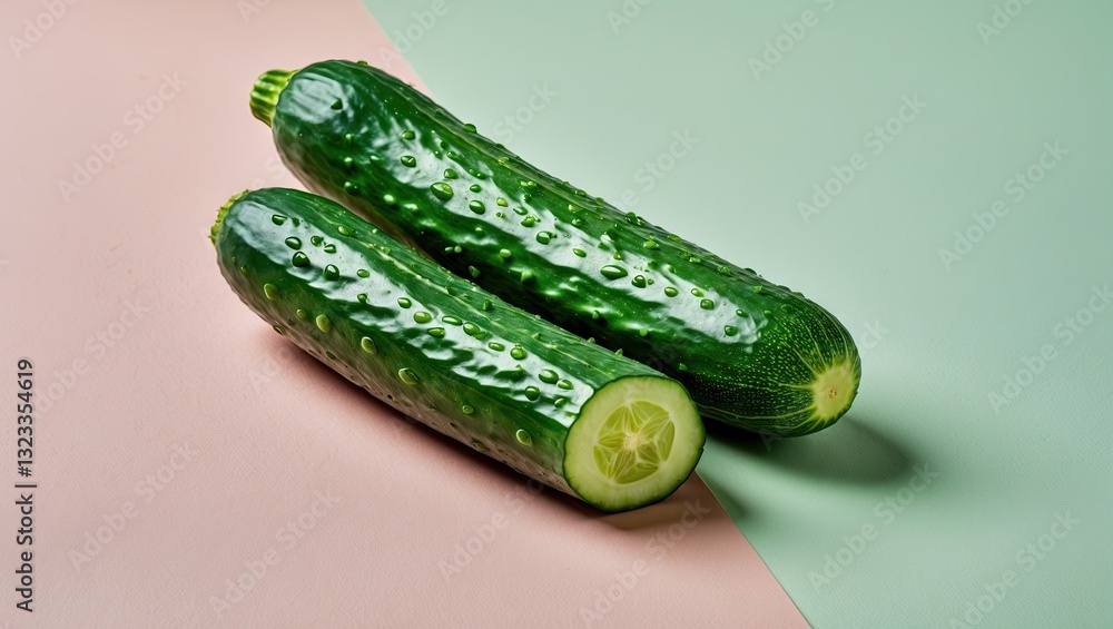 Poster fresh green cucumbers placed on a soft pink and green background, showcasing one whole cucumber and 