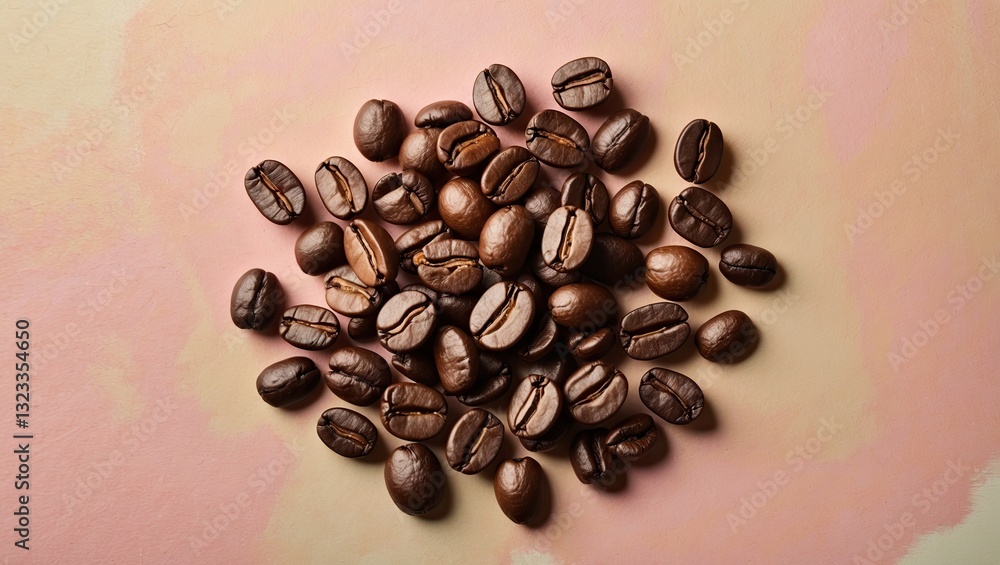 Poster coffee beans scattered on a soft pastel pink background with varying shades of brown, emphasizing te