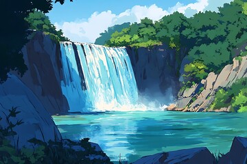 Waterfall scene, cascading water, serene nature, lush forest backdrop, for travel brochures