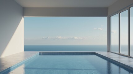Obraz premium A serene indoor pool with a stunning ocean view, perfect for relaxation and luxury living.