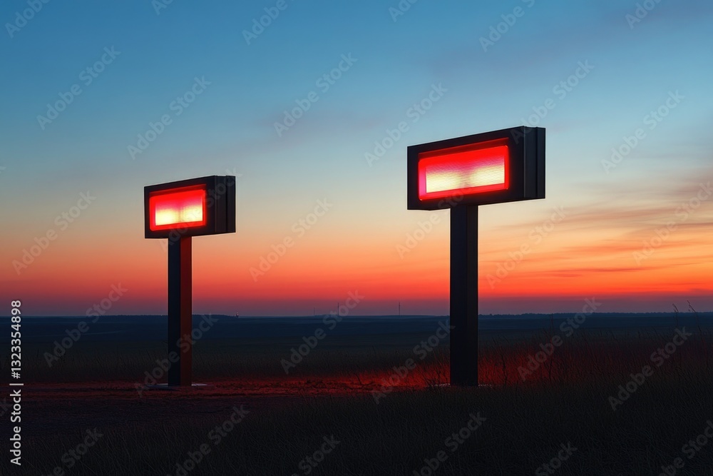 Poster two warning signs situated in a open field, possibly indicating danger or caution