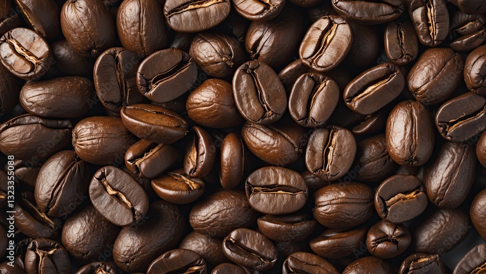 Poster Close-up view of dark roasted coffee beans arranged densely on a flat surface with a neutral background for text insertion or design element.