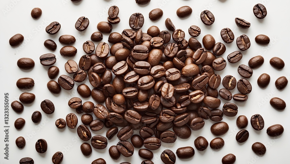 Poster brown coffee beans scattered on a white background highlighting their rich texture and varied shapes