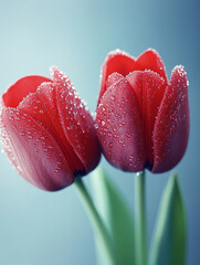 Naklejka premium Beautiful red tulips adorned with morning dew droplets
