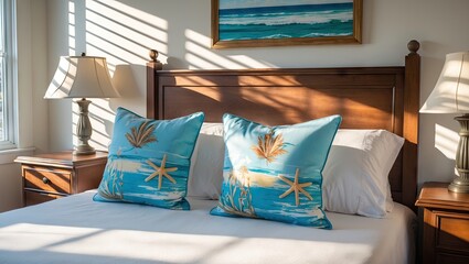 Cozy bedroom with a wooden bed against a light wall, featuring blue decorative pillows, a nightstand, and soft sunlight shadows.