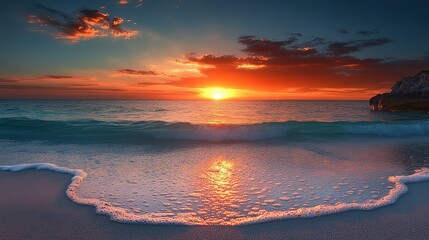 beautiful seascape with gradient sky twilight time pink blue hue, gentle wave clashing on beach with sunset sky