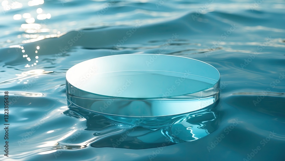 Aufkleber Clear circular glass object floating on shimmering blue water surface, reflecting light and creating a serene aquatic atmosphere.